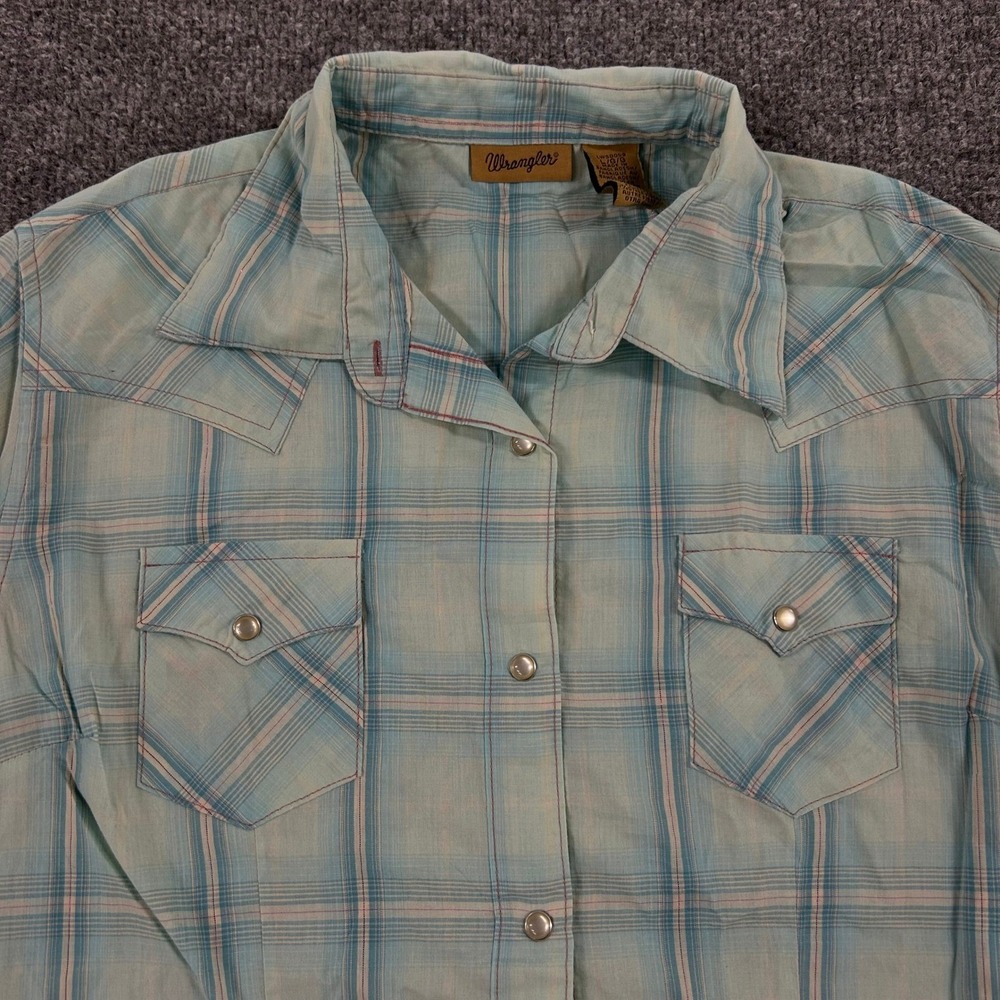 Wrangler Shirt Womens Large Blue Plaid Western Pearl Snap Long Sleeve Yoke Top